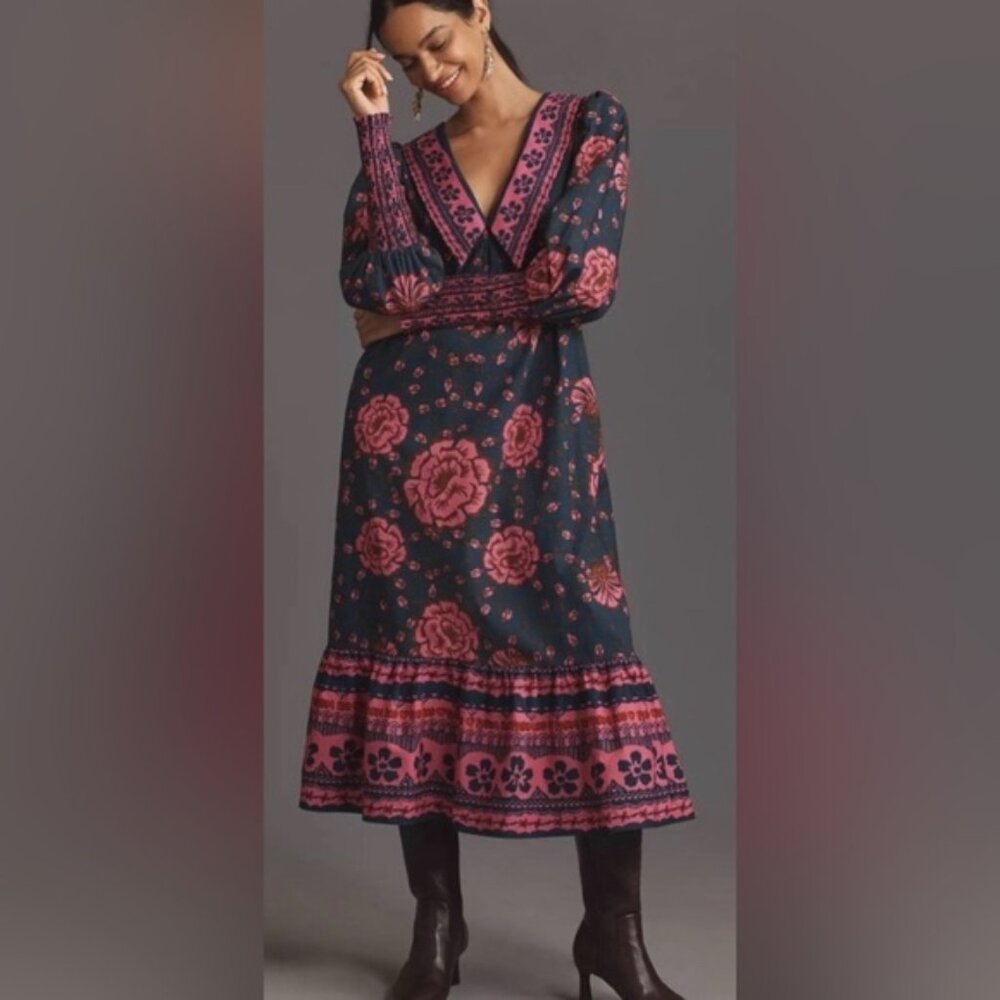 FARM Rio x Anthropologie Puff Sleeve V-neck Midi Dress